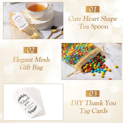 Vista 3 de Meanplan Juego de 50 cucharas de corazón doradas para fiestas, cucharas de café de acero inoxidable con bolsas de organza, tarjetas