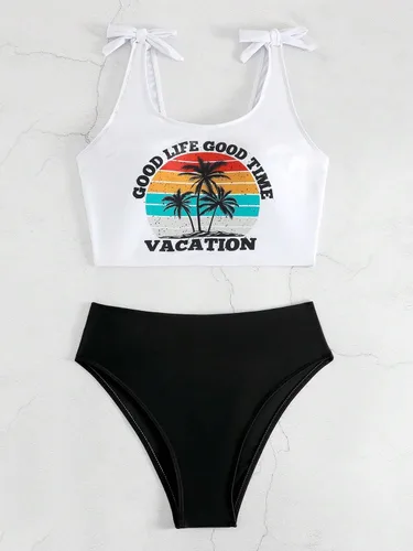 Vista 5 de SOLY HUX Women's Tankini Set Letter Graphic Tie Shoulder Bikini Bathing Suits 2 Piece Swimsuit