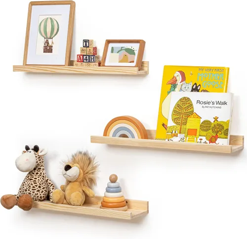 Vista 30 de FLYJOE Estante de repisa de fotos para pared, 24 pulgadas de madera de fresno maciza, estantes para libros de guardería, estantes flotantes
