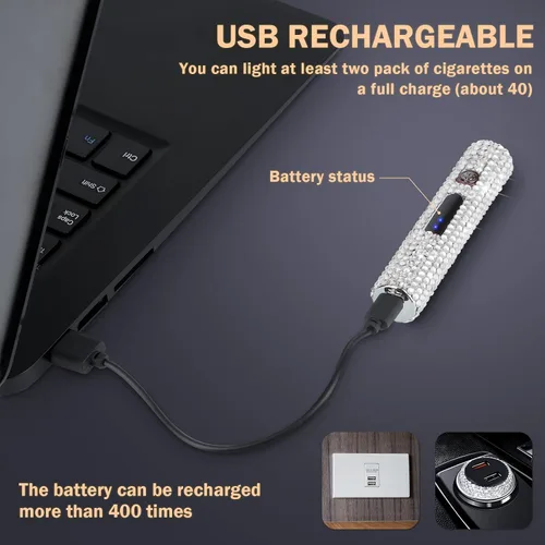 Vista 4 de Encendedores eléctricos recargables por USB, mini tira cilíndrica con purpurina brillante, sin llama, resistente al viento, encendedores de plasma