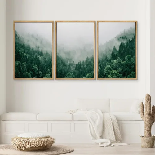Vista 547 de SIGNWIN Lienzo enmarcado para pared, juego de arte pastel con cadena montañosa, bosque, niebla, naturaleza silvestre, ilustraciones modernas, arte