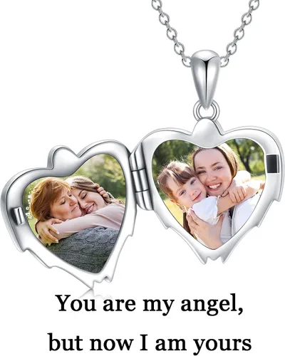 Vista 6 de Collar con medallón de corazón de ángel de la guarda que tiene 2 fotos personalizadas, medallón de fotos personalizado, para mascotas, perros