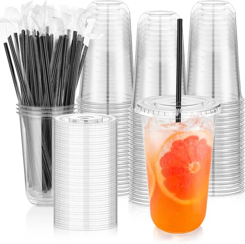 Vista 14 de tchrules Juego de 100 vasos de plástico negro de 12 onzas con tapas y pajitas, taza de café helado desechable con tapa, parte inferior redonda