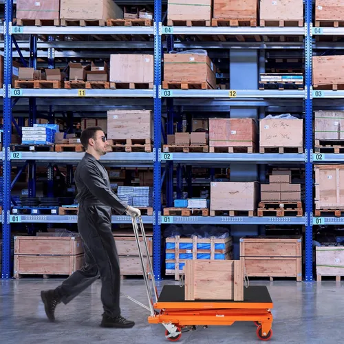 Vista 8 de VEVOR Carro con mesa elevadora hidráulica, capacidad de carga de 330 libras, altura de elevación de 50 pulgadas, mesa de elevación de tijera manual