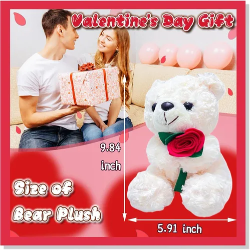 Vista 2 de Oso de peluche blanco de 9.84 pulgadas con flor para niñas y niños, bonito oso de peluche, regalos del día de San Valentín para novia, recuerdos