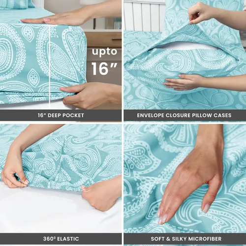 Vista 3 de LDC LUX Décor Colección - Juego de sábanas para cama de tamaño individual con estampado de cachemira – 4 piezas de sábanas de microfibra ultra