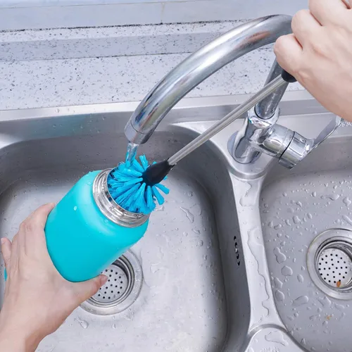 Vista 6 de MOSOLAN Cepillo para botella de agua de acero inoxidable, cepillo de limpieza de mango largo, construido para limpiar botellas deportivas