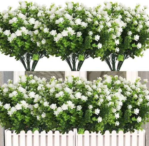 Vista 10 de RECUTMS - Flores artificiales, 12 plantas sintéticas para exteriores, resisten rayos ultravioleta, arbustos para interiores y exteriores, maceta