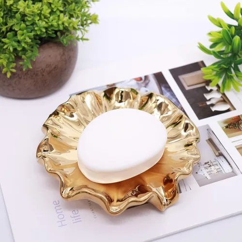 Vista 3 de Jabonera de hoja de loto de cerámica dorada, jabonera autodrenante, ranura de cascada, accesorios de baño para baño, cocina, mostrador de bar.