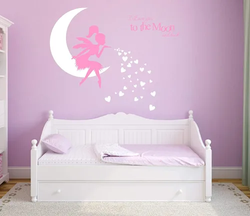 Vista 3 de Calcomanía de pared de hadas, "I Love You to The Moon and Back", calcomanía de pared de hadas para niñas, calcomanías de pared de dormitorio de Rosa