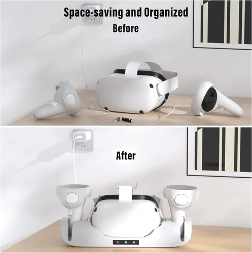 Vista 6 de Base de carga mejorada con luz LED para Oculus Quest 2, estación de carga con 2 baterías recargables para accesorios Meta Oculus Quest 2, soporte