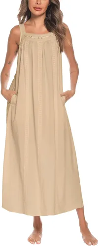 Vista 8 de YOZLY Camisones de algodón para mujer con bordado, sin mangas, con bolsillos S-XXXL