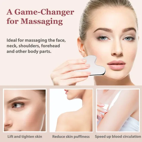 Vista 3 de Juego de rodillos de acero inoxidable Gua Sha y cara, herramienta facial para esculpir la cara, cuidado de la piel de metal, masajeador para mujeres