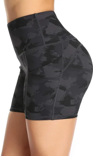 Vista 4 de Oalka Pantalones cortos de yoga para mujer, con bolsillos laterales, cintura alta, para entrenamiento, correr, deportes, 4 pulgadas