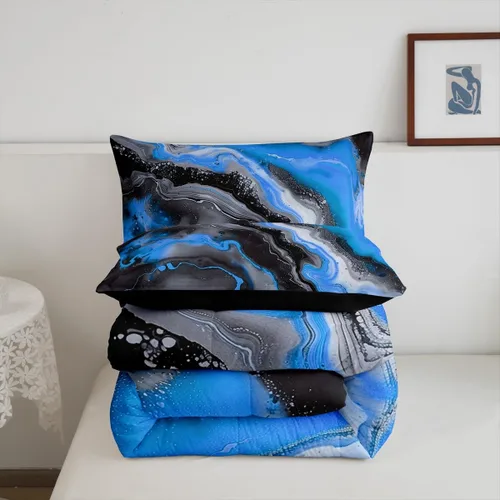 Vista 4 de Feelyou Juego de edredón abstracto para todas las estaciones, juego de ropa de cama negro y azul con 1 funda de almohada con estampado de mármol