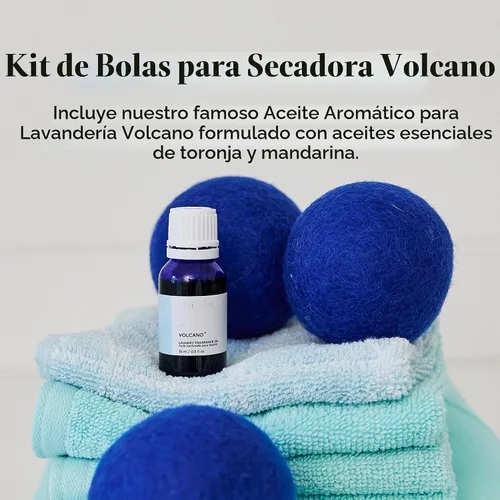 Vista 2 de Kit de bolas secantes Capri Blue Volcano – Incluye 3 bolas secantes 100% de lana + 1 aceite aromático para lavandería Volcano – Bolas secantes