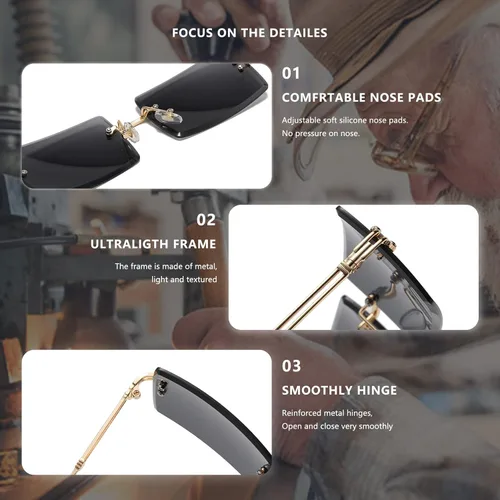 Vista 6 de LASPOR Gafas de sol rectangulares sin montura retro para mujeres y hombres, lentes teñidas de metal dorado, sin marco, gafas cuadradas vintage