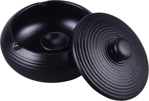 Vista 3 de LAUYOO Cenicero de cerámica con tapa, impermeable, ceniceros para cigarrillos al aire libre, soporte para cenizas de cigarros para fumadores, Negro