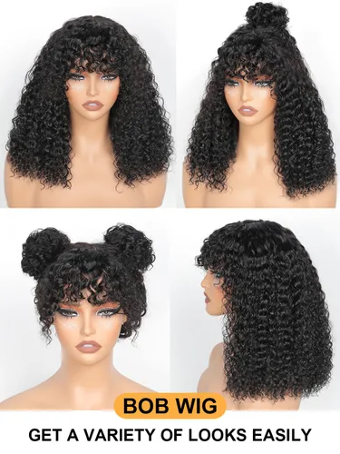 Vista 3 de Peluca Bob con Flequillo de Cabello Humano Water Wave Cierre de Encaje HD de 2x4 Pelucas Rizadas Frontales de Cabello Humano Peluca con Flequillo
