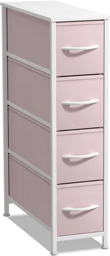 Vista 24 de Sorbus Cómoda estrecha con 4 cajones - cómoda de almacenamiento vertical delgada con marco de acero, parte superior de madera y contenedores de tela