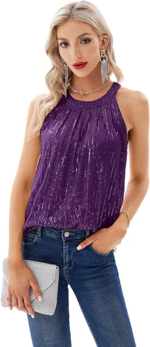Vista 3 de GRACE KARIN Camiseta sin mangas con cuello halter de lentejuelas para mujer, camisola elegante y brillante, para fiesta, club, cóctel, chaleco