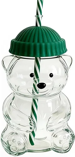 Vista 9 de Vaso con popote de vidrio con diseño de oso – Lindo vaso de vidrio reutilizable para batidos, café helado, cócteles de café helado (2, verde)