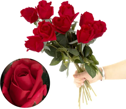 Vista 7 de 12 capullos de rosas artificiales medio abiertos, rosas de seda de tacto real de 17 pulgadas con flores parcialmente abiertas, flores artificiales