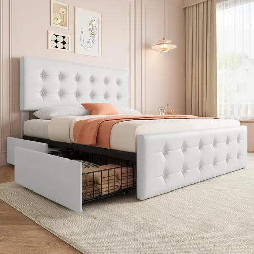 Vista 19 de IDEALHOUSE Marco de cama tamaño completo con 4 cajones de almacenamiento y cabecero, marco de cama plataforma tapizada en cuero sintético con Beige