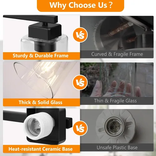 Vista 5 de Lámpara de baño de 3 luces de 19 pulgadas, moderna lámpara de tocador negra, accesorios de iluminación de baño sobre espejo, lámpara de aplique