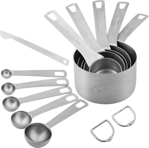 Vista 2 de Juego de 11 tazas y cucharas medidoras de acero inoxidable 18/8, tazas medidoras de metal con juego de tazas medidoras de 1/8, juego de taza