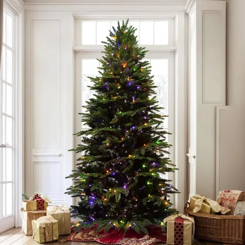 Vista 5 de Árbol de Navidad preiluminado de 7.5 pies con luces, árbol de Navidad artificial de abeto con 350 LED multicolor, ramas con bisagras de fácil