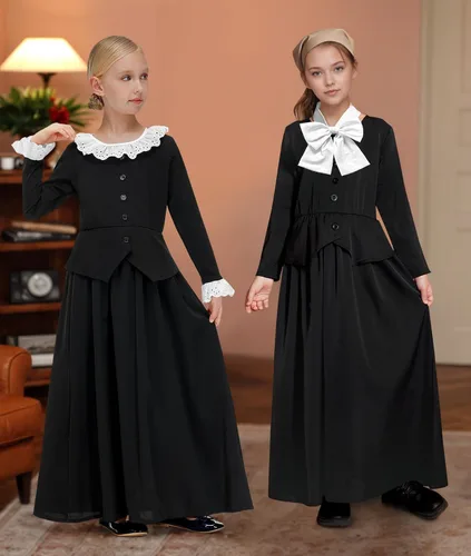 Vista 3 de BesserBay Girls 5Pcs Colonial Black Costume Long Sleeve Ruffled Collars Button Dress 6-14 Years