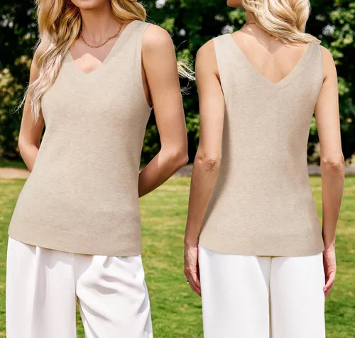 Vista 2 de Arach&Cloz Camiseta sin mangas de mezcla de lana para mujer, cuello en V Albaricoque