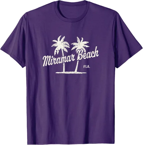 Vista 62 de Miramar Beach Florida Vintage 70s Palm Trees - Camiseta gráfica, Azul / Patchwork, S