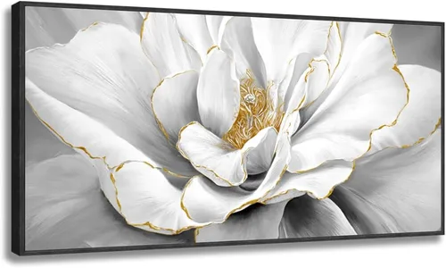 Vista 9 de Cuadro de flores para sala de estar, arte de pared floral azul y blanco sobre lienzo con detalles dorados para decoración de dormitorio gris, 32 x