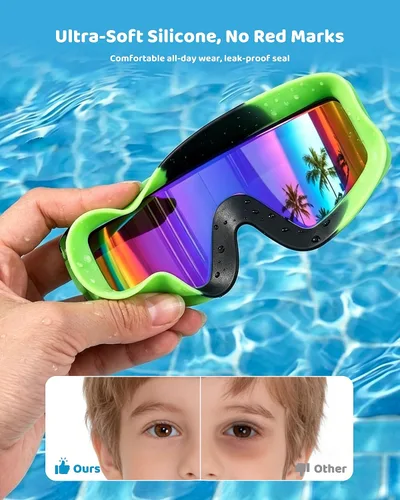 Vista 4 de Aegend Paquete de 2 gafas de natación para niños, marco grande, antivaho, silicona suave, a prueba de fugas, protección UV para niños y niñas de 3 a