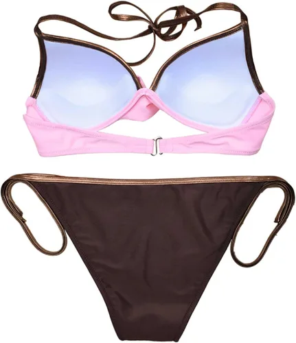 Vista 4 de Women Two Piece Swimsuit Sexy Backless Swimwear Suit Halter String Triangle Bikini Set Solid Lace Up Halter Tankini