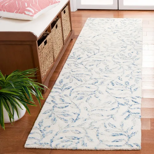Vista 2 de SAFAVIEH Jardin Collection Alfombra de pasillo, 2 pies 3 pulgadas x 8 pies, marfil y azul, lana floral hecha a mano, ideal para zonas de alto
