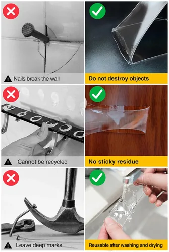Vista 8 de Cinta de doble cara, cinta de montaje para arte y manualidades, cinta nanoadhesiva de dos caras, tiras transparentes de doble pegado, cinta de pared