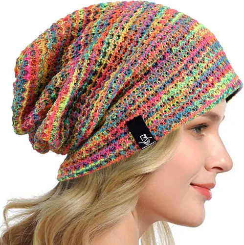 Vista 7 de Gorro holgado para mujer, boina de punto, gorra de calavera holgada para invierno y verano, B08w Azul/Amarillo/Púrpura