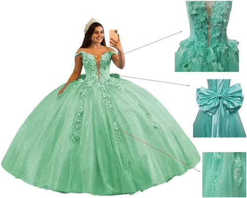 Vista 6 de Mauuwy Vestidos de quinceañera de tul de lujo, vestido de baile hinchado brillante dulce 16 vestidos florales fuera del hombro vestido de graduación