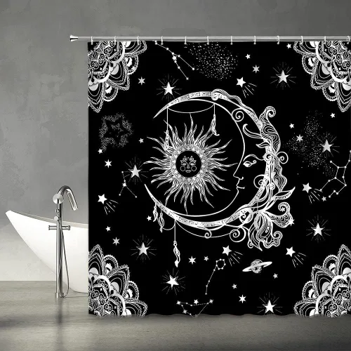 Vista 7 de Cortina de ducha de luna llena, paisaje nocturno del océano, agua de mar, superluna, astronomía, tela negra, juego de decoración de baño, incluye