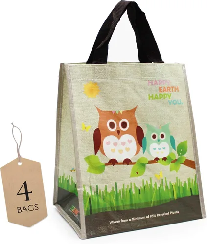 Vista 4 de Juego combinado laminado XL y mini bolsas de compras reutilizables tejidas para comestibles, hechas con un mínimo de 95% de plástico reciclado
