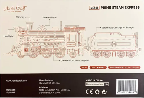 Vista 4 de Hands Craft Rompecabezas de madera 3D de bricolaje - Prime Steam Express Train Asamblea de corte láser a escala 1:80, kit de construcción de modelos