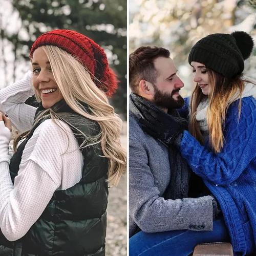 Vista 7 de IYEBRAO - Paquete de 2 gorros de invierno para mujer con pompones y forro polar suave y cálido