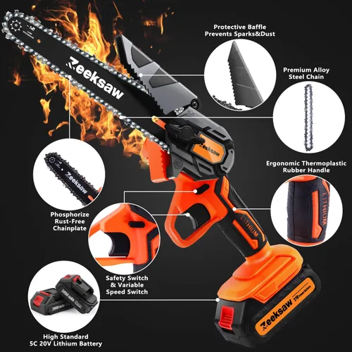 Vista 6 de ZEEKSAW Mini motosierra inalámbrica de 6 pulgadas, súper motosierra de mano con 2 baterías grandes, mini motosierra eléctrica alimentada por