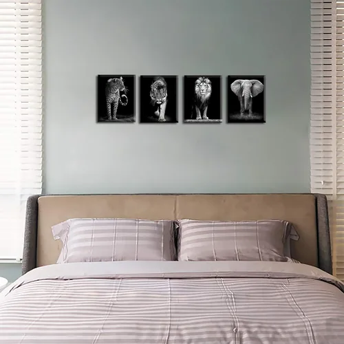 Vista 3 de Lienzo decorativo para la pared de vida silvestre en blanco y negro, juego de 4 pósteres enmarcados de animales de safari africanos, 8 x 10