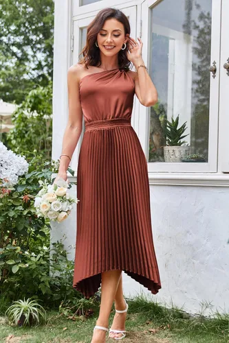 Vista 2 de GRACE KARIN Vestido de satén de verano 2023 con un hombro descubierto para mujer, sin mangas, plisado, vestido midi sexy de cóctel