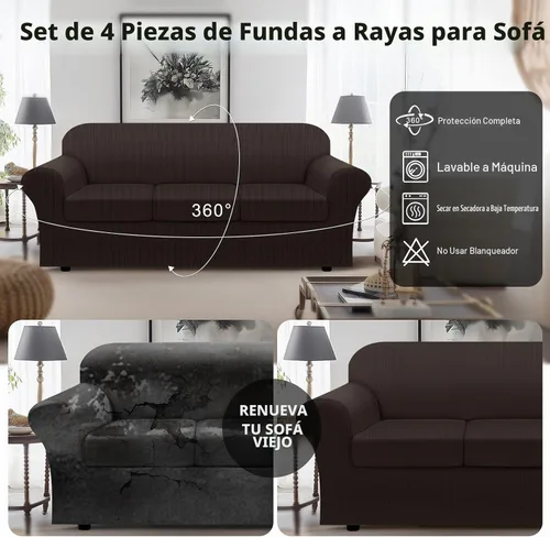 Vista 6 de Funda para sofá 100% impermeable, juego de 4 piezas, funda de sofá a rayas para sofá de 3 cojines, con parte inferior de TPU a prueba de fugas