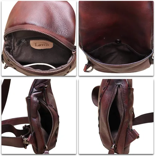 Vista 7 de LRTO Bolso de cuero genuino para mujeres y hombres, mochila vintage de cuero real, bolso cruzado de hombro, bolso de pecho